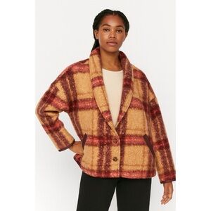 Knox Rose Beige Burgundy Plaid Boucle Teddy Shirt Jacket